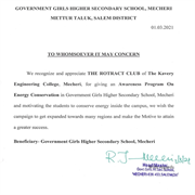 Recognition and appreciation Letter from Government Girls Higher Secondary School, Mecheri for giving an awareness program on 1st March 2021.